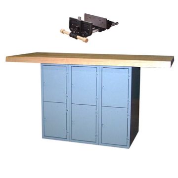 Picture of Bench, 2-Station, Wood Top 6 Locker, w/2 Vises, 33-1/4"H