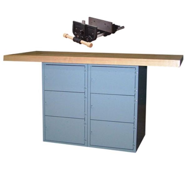 Picture of Bench, 2-Station, Wood Top 6 Locker, w/2 Vises, 33-1/4"H