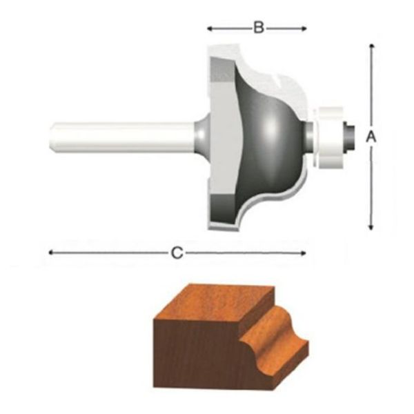 Picture of Router Bit, Carbide Tip, Roman Ogee 1-1/2"D, 1/4" Shank, 1/4" Rad